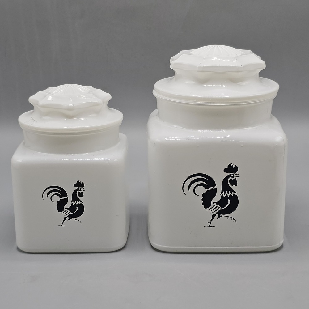 Vintage Hazel Atlas Rooster Milk Glass Canisters SET OF 2 Mid Century 60s 60s